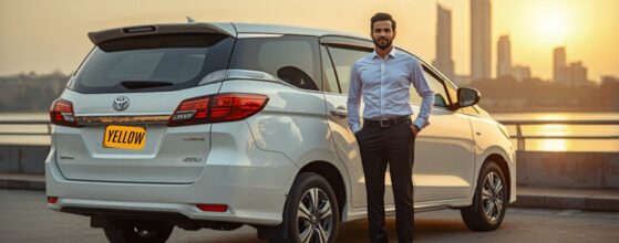 Chauffeur-driven car rental in Ahmedabad with driver beside Toyota Innova Crysta