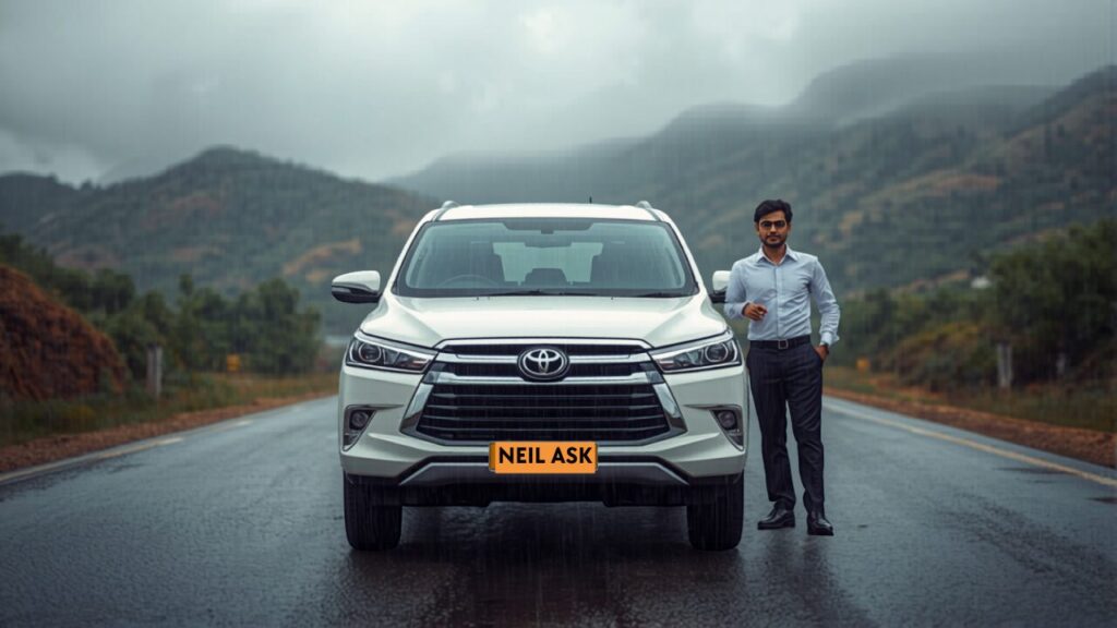 Car Rental in Ahmedabad with Driver: Monsoon Getaways to the Statue of Unity, Udaipur & Mount Abu (2026) chauffeur-driven car rental in Ahmedabad with driver beside Innova Crysta on a monsoon hill road