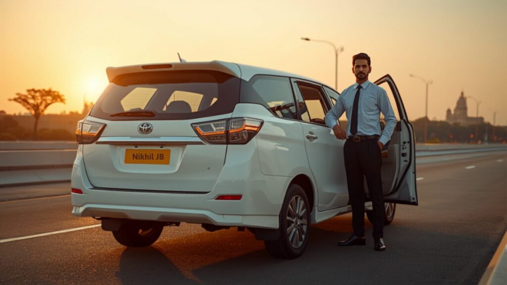Car Rental Hyderabad with Driver: Complete City & Outstation Guide (2026) Car rental Hyderabad with driver - professional chauffeur beside Innova Crysta with yellow number plate Charminar backdrop