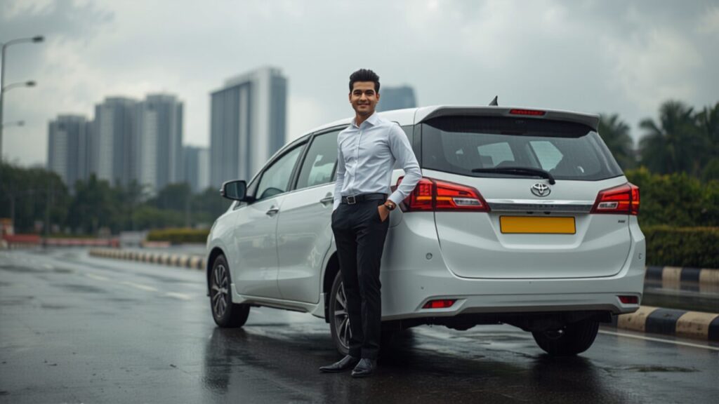 Car Rental in Navi Mumbai with Driver: Airport Transfers, Full-Day Packages & Monsoon Getaways (2026) Indian chauffeur in white shirt opening door of a Toyota Innova Crysta - car rental in Navi Mumbai with driver