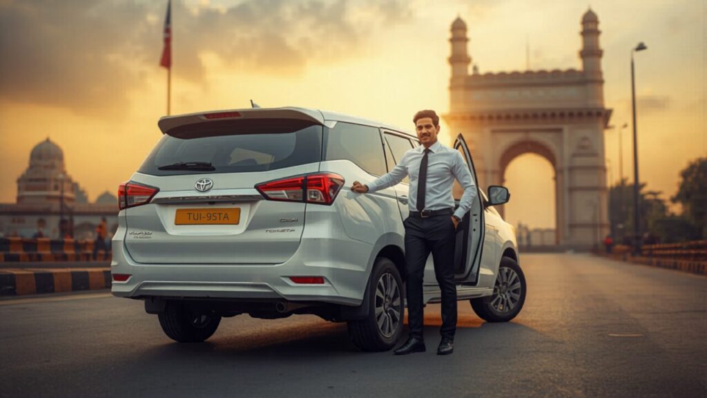 Hyderabad Car Rental Guide: Chauffeur-Driven Travel in the City of Pearls Indian chauffeur in white shirt and black trousers beside a luxury car with yellow tourist number plate near Charminar, Hyderabad chauffeur-driven car rental
