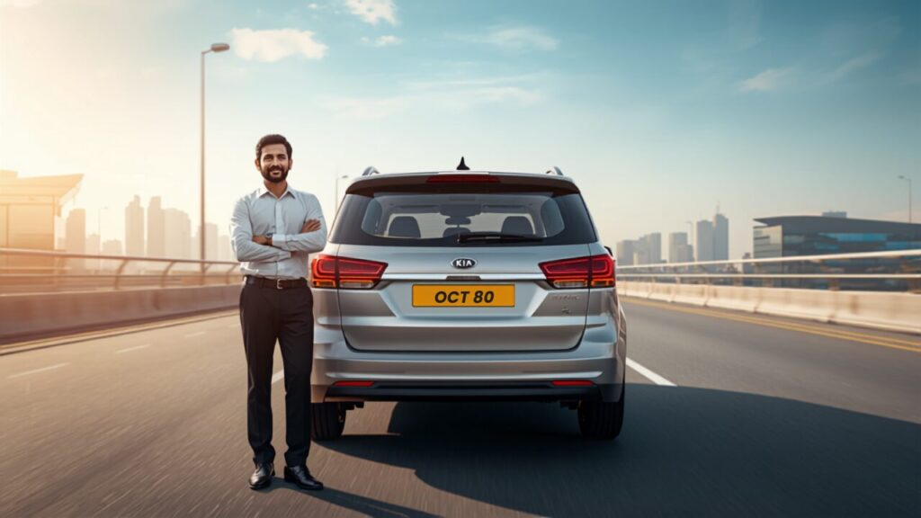 Kia Carens Car Rental with Driver: The Smart Choice for Family & Group Travel in India Kia Carens car rental with driver - chauffeur opening door of Kia Carens MPV with yellow number plate