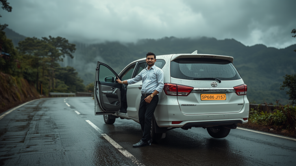 Chauffeur-driven car rental in Mumbai for monsoon weekend getaways - Indian chauffeur with SUV on a Western Ghats road