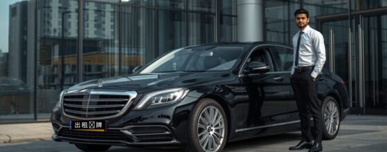 Chauffeur opening the door of a luxury sedan with a yellow plate outside a corporate office tower