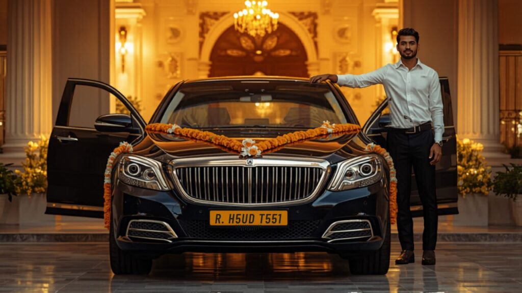 Wedding Car Hire in Pune: Reliable and Hassle-Free Chauffeur beside a decorated luxury car with a yellow commercial number plate at an Indian wedding venue