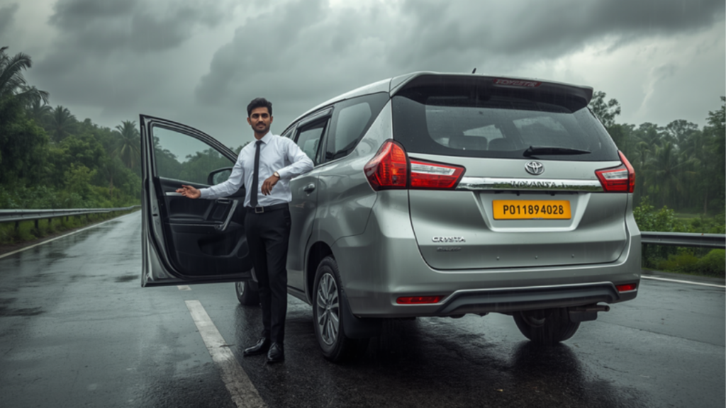 Innova Crysta on Rent in Ahmedabad with Driver: The Complete 2026 Guide Chauffeur-driven Innova Crysta on rent in Ahmedabad with driver — professional chauffeur beside MPV with yellow tourist plate
